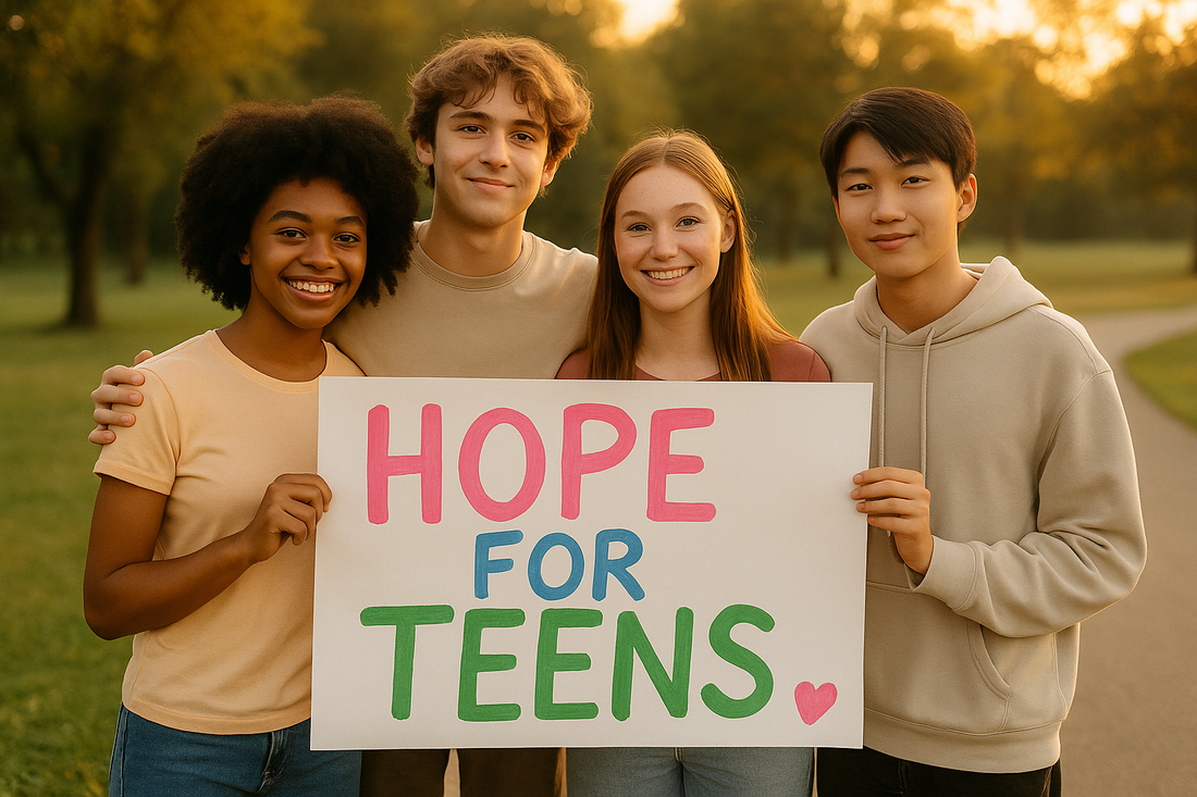 Diverse group of smiling teens holding a handmade sign that reads ‘Hope for Teens’ in colorful letters, promoting youth-led mental health support.